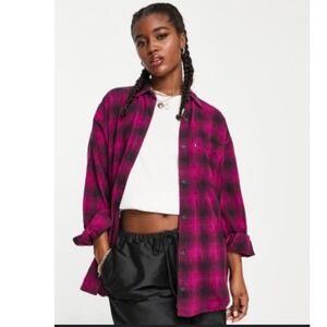 Levi's Nola Oversized Womens Relaxed Fit Plaid‎ Flannel Shirt Pink Black Size L